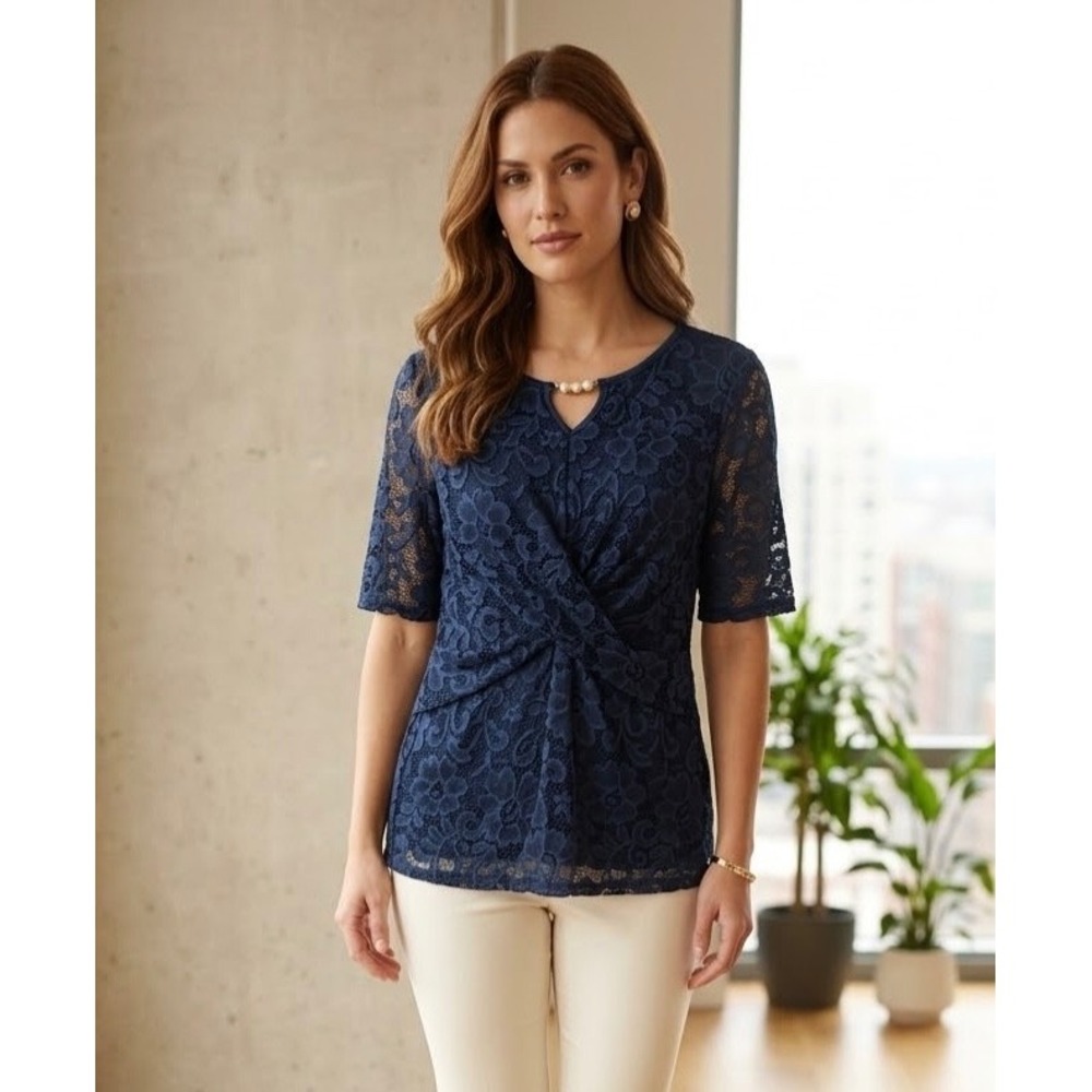 Olivia Blu Womens Navy Floral Lace Short Sleeve Lined Top Size M Pearl Going Out